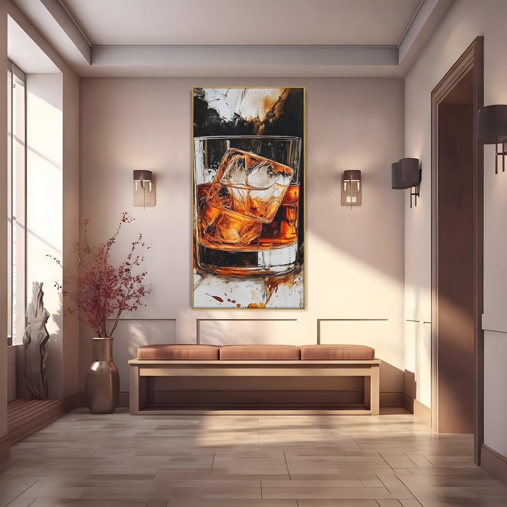 Tablou canvas cu tablou canvas cu pahar de whisky si gheata, in rama de aluminiu auriu
