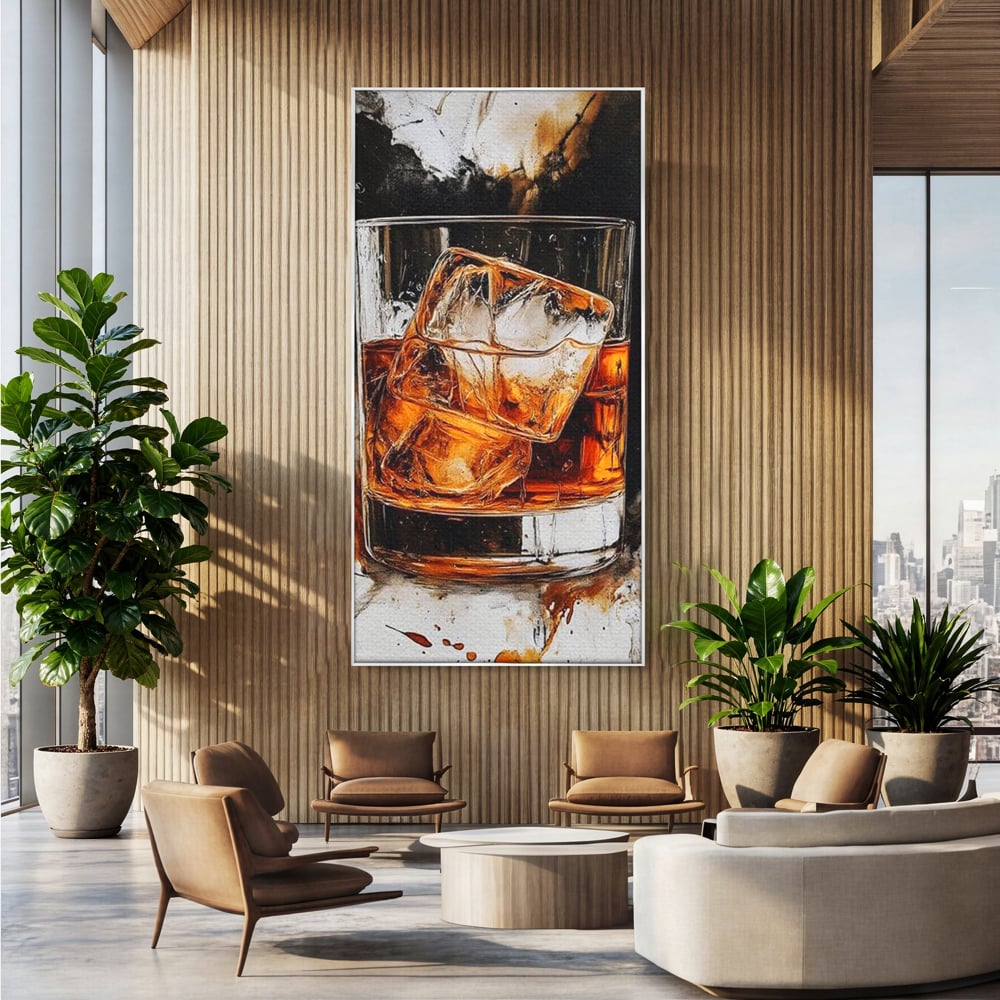 Tablou canvas cu tablou canvas cu pahar de whisky si gheata, in rama de aluminiu argintiu, pe perete intr-un birou