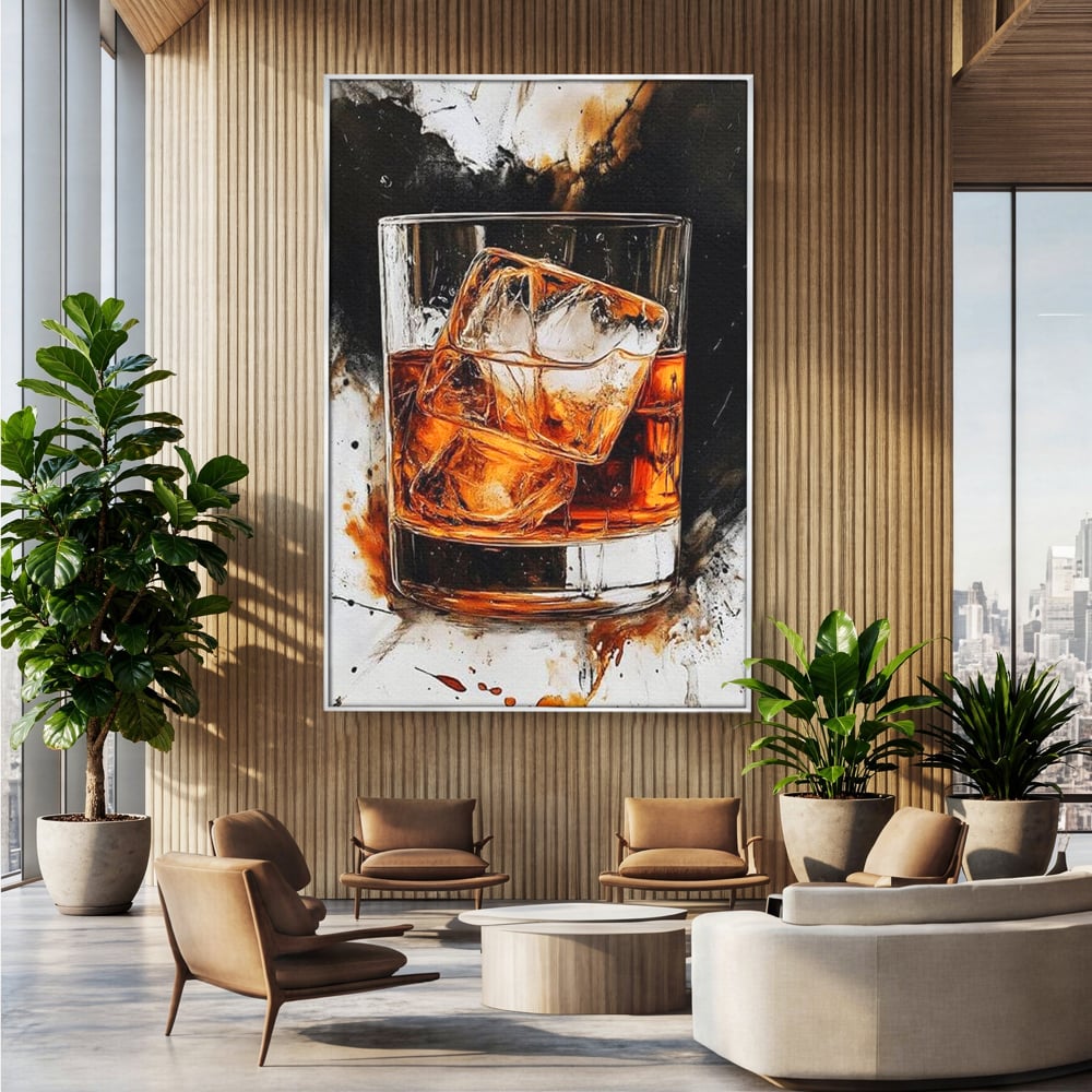 Tablou canvas cu tablou canvas cu pahar de whisky si gheata, in rama de aluminiu argintiu, pe perete intr-un birou