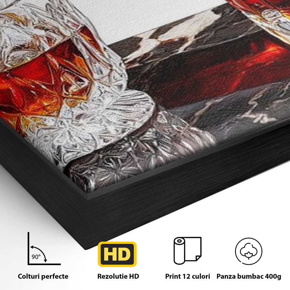 Detaliu al suprafetei: tablou canvas cu pahar de whisky si carafa, in rama de aluminiu negru