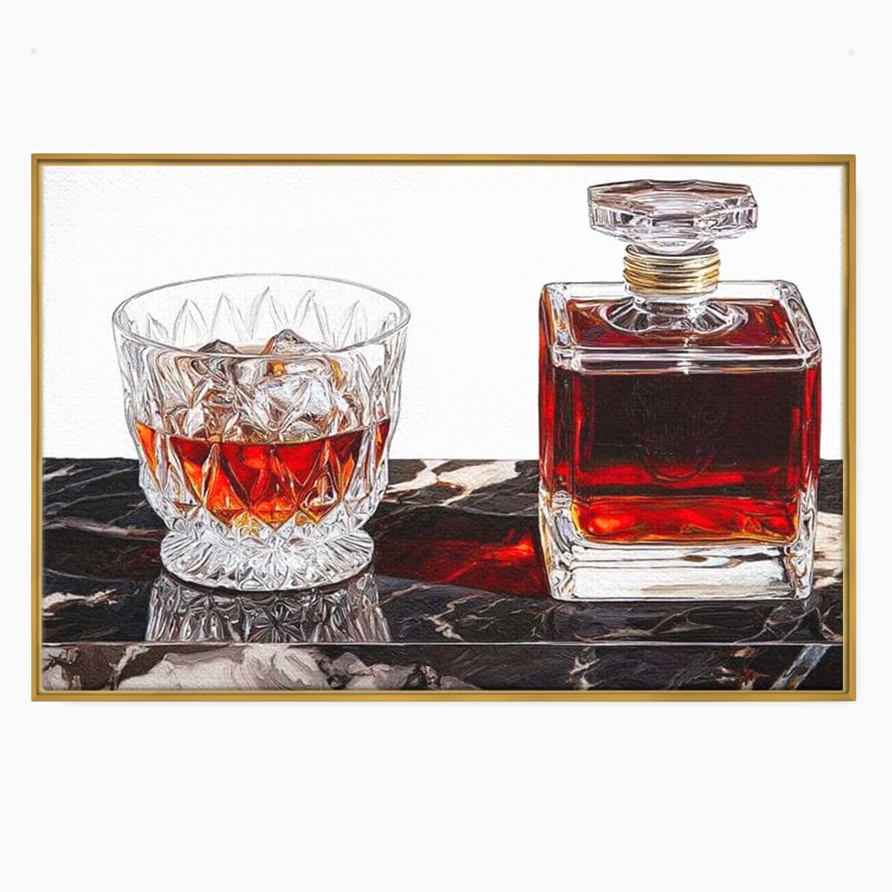 Tablou canvas cu tablou canvas cu pahar de whisky si carafa, in rama de aluminiu auriu