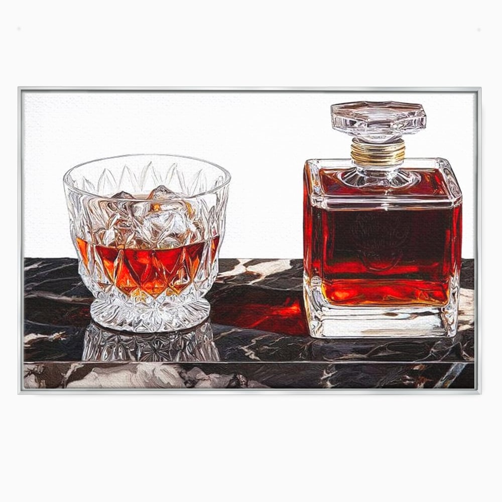 Tablou canvas cu tablou canvas cu pahar de whisky si carafa, in rama de aluminiu argintiu