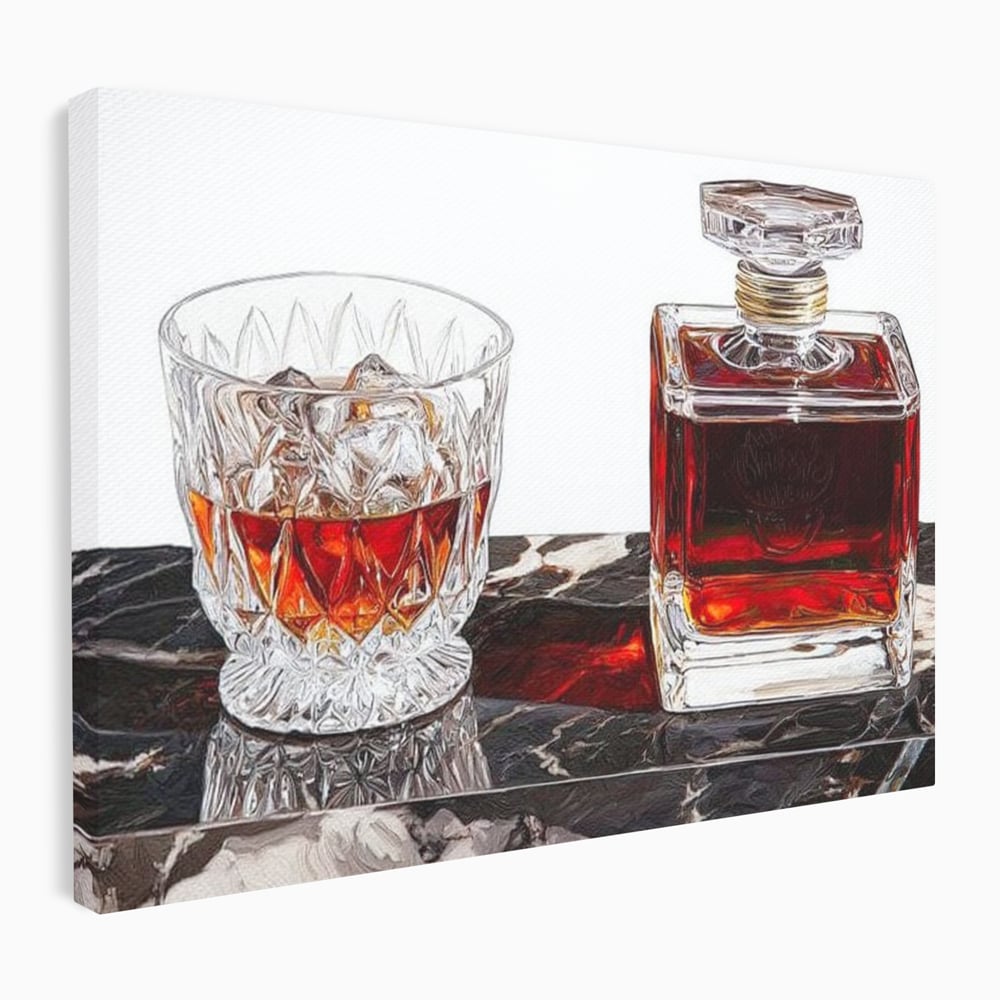 Tablou canvas cu tablou canvas cu pahar de whisky si carafa, fara rama, pe sasiu de lemn