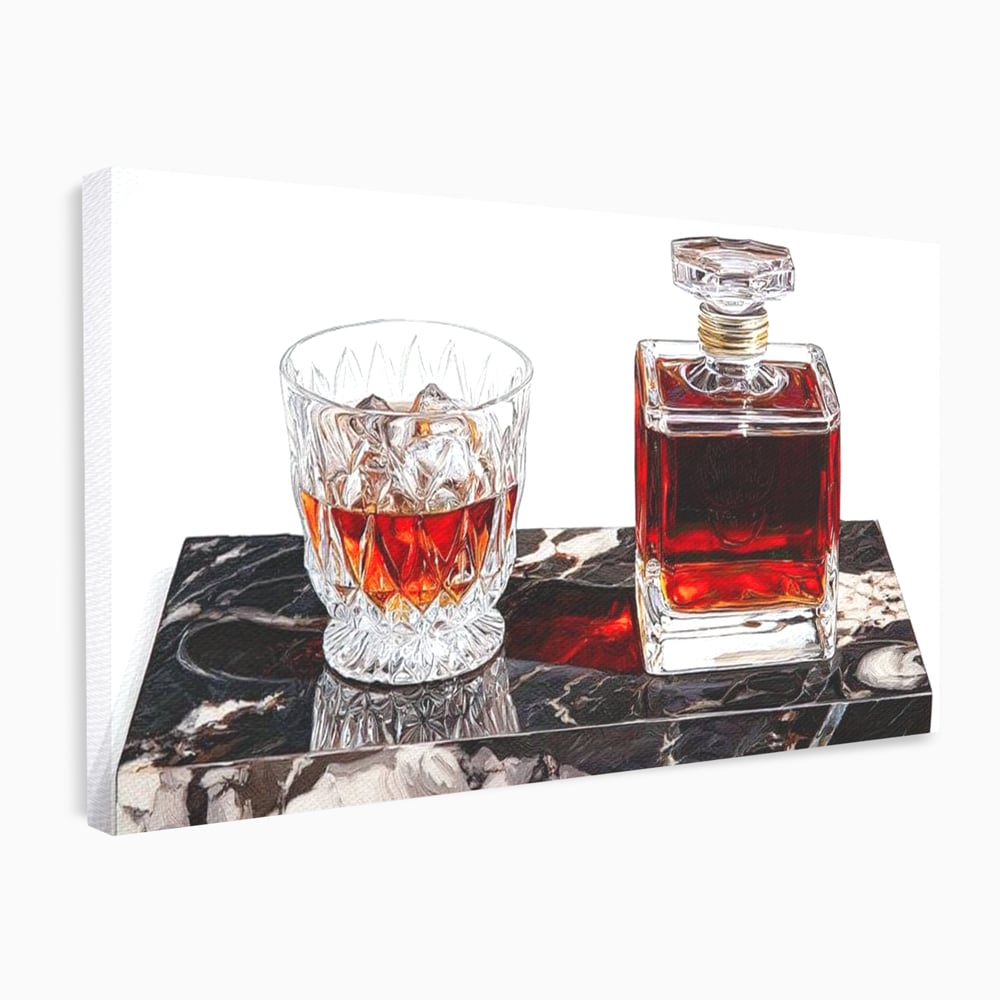 Tablou canvas cu tablou canvas cu pahar de whisky si carafa, fara rama, pe sasiu de lemn