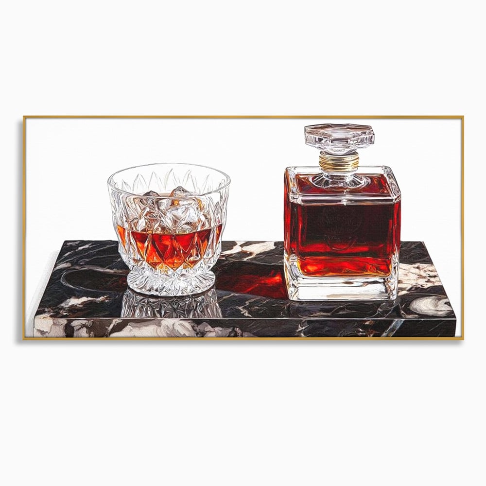 Tablou canvas cu tablou canvas cu pahar de whisky si carafa, in rama de aluminiu auriu