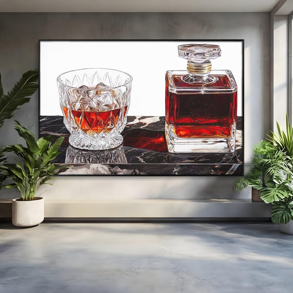 Tablou canvas cu tablou canvas cu pahar de whisky si carafa, in rama de aluminiu negru