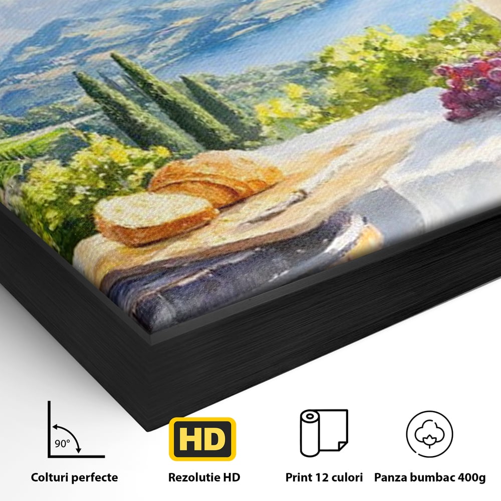 Detaliu al suprafetei: tablou canvas cu peisaj rural si struguri, in rama de aluminiu negru
