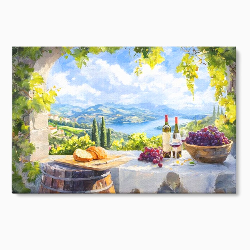Tablou canvas cu tablou canvas cu peisaj rural si struguri, fara rama, pe sasiu de lemn