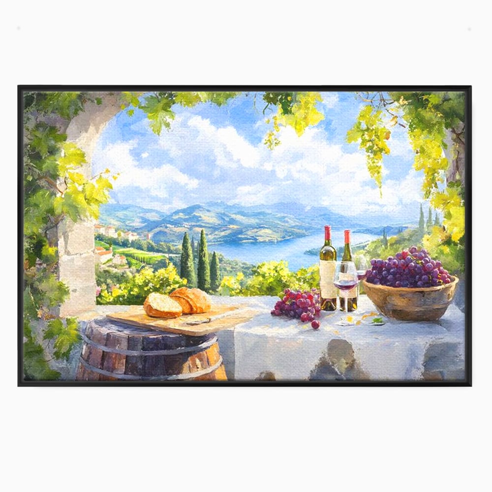 Tablou canvas cu tablou canvas cu peisaj rural si struguri, in rama de aluminiu negru