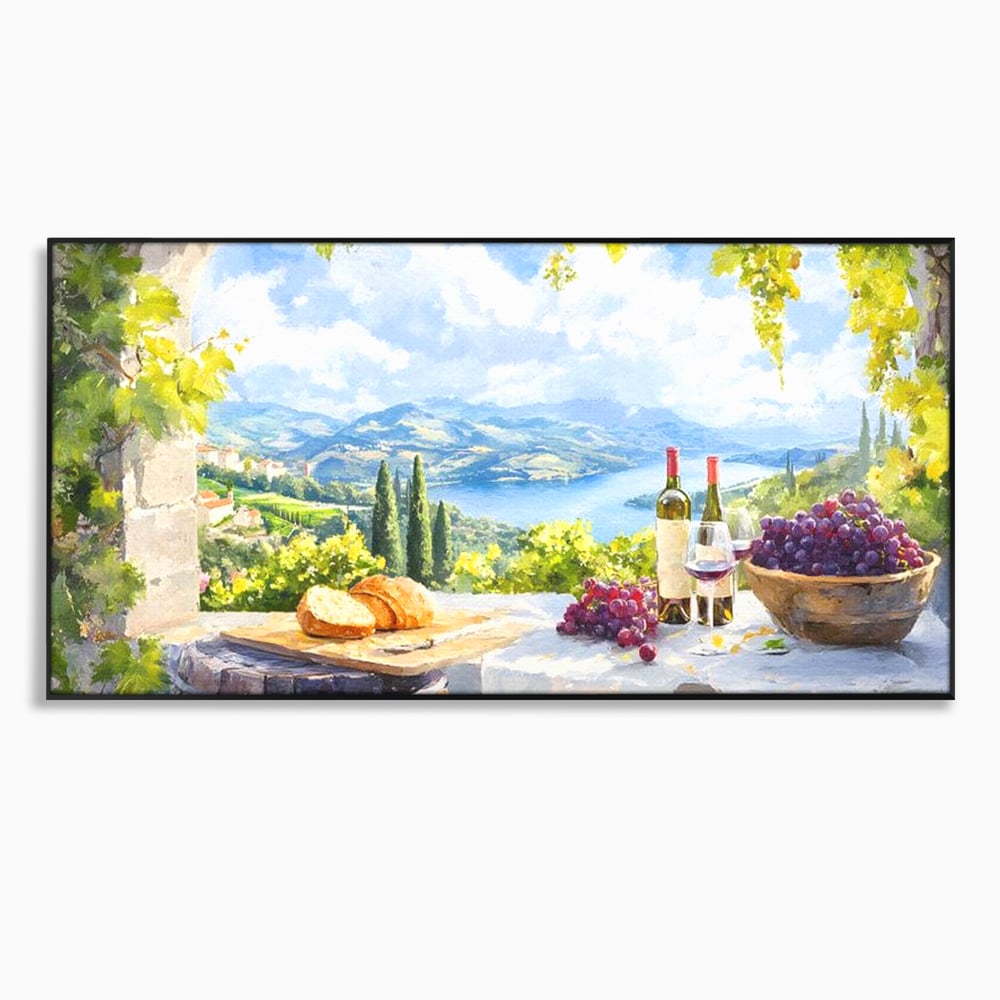 Tablou canvas cu tablou canvas cu peisaj rural si struguri, in rama de aluminiu negru