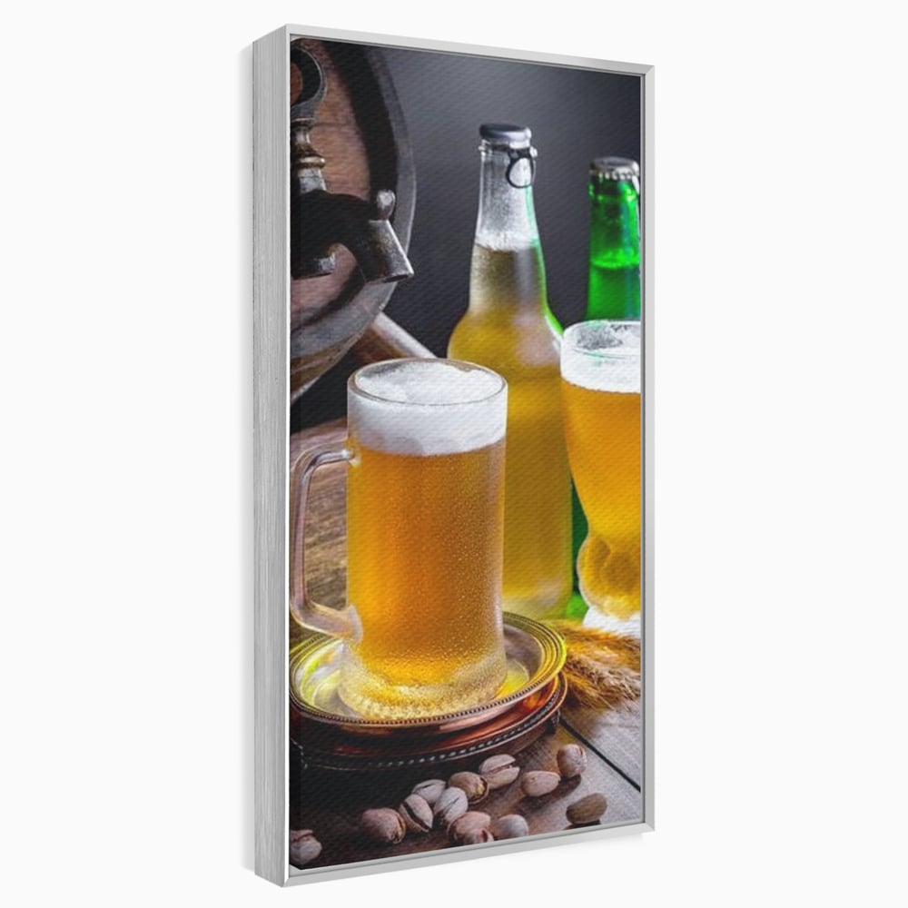 Tablou canvas cu tablou canvas cu halba de bere, in rama de aluminiu argintiu