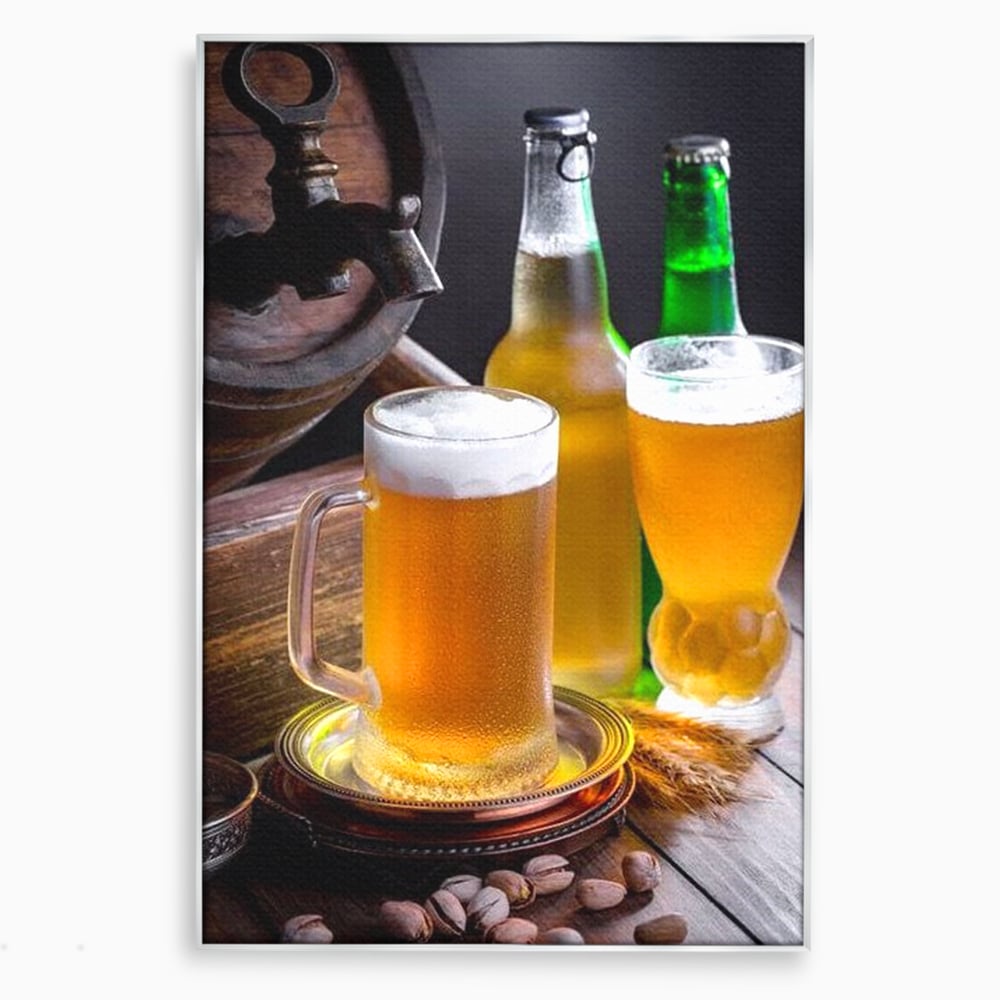 Tablou canvas cu tablou canvas cu halba de bere, in rama de aluminiu argintiu