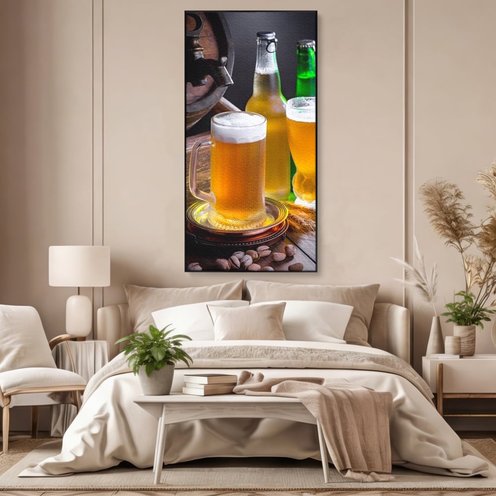 Tablou canvas cu tablou canvas cu halba de bere, in rama de aluminiu negru, pe perete intr-un dormitor