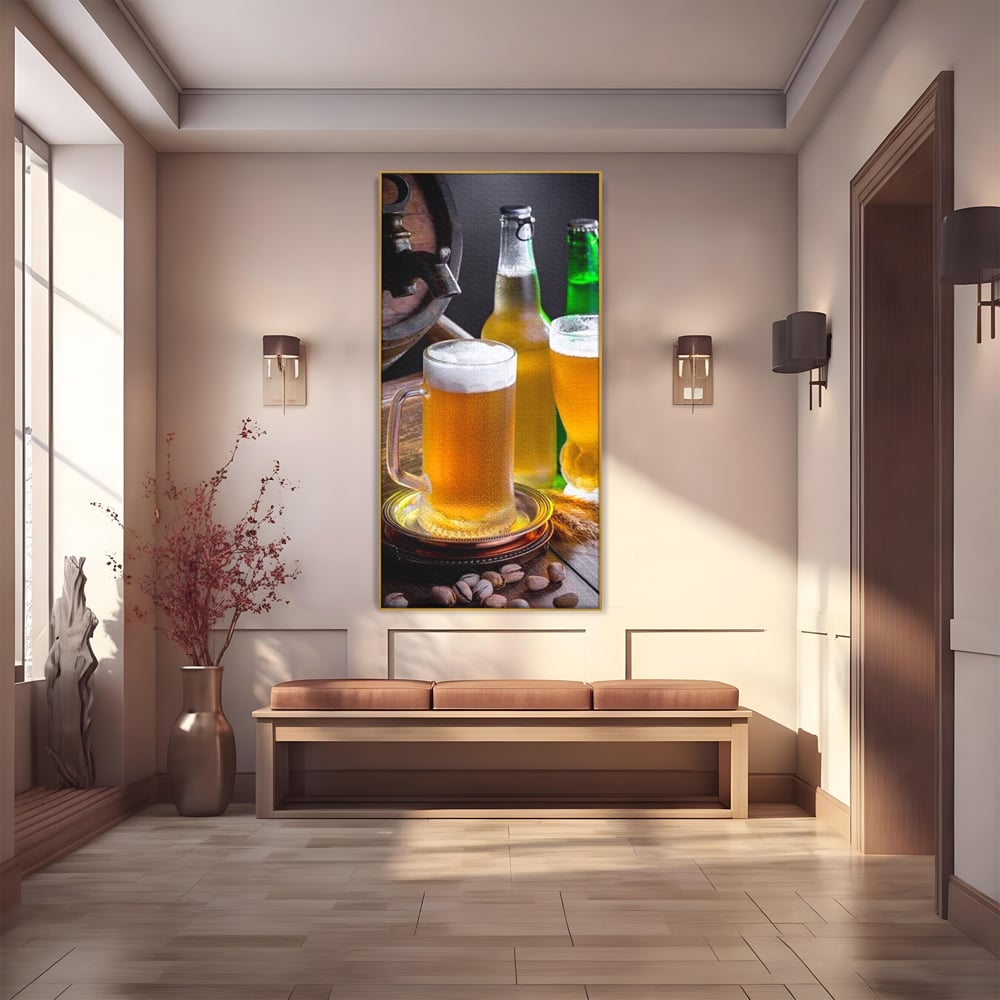 Tablou canvas cu tablou canvas cu halba de bere, in rama de aluminiu auriu