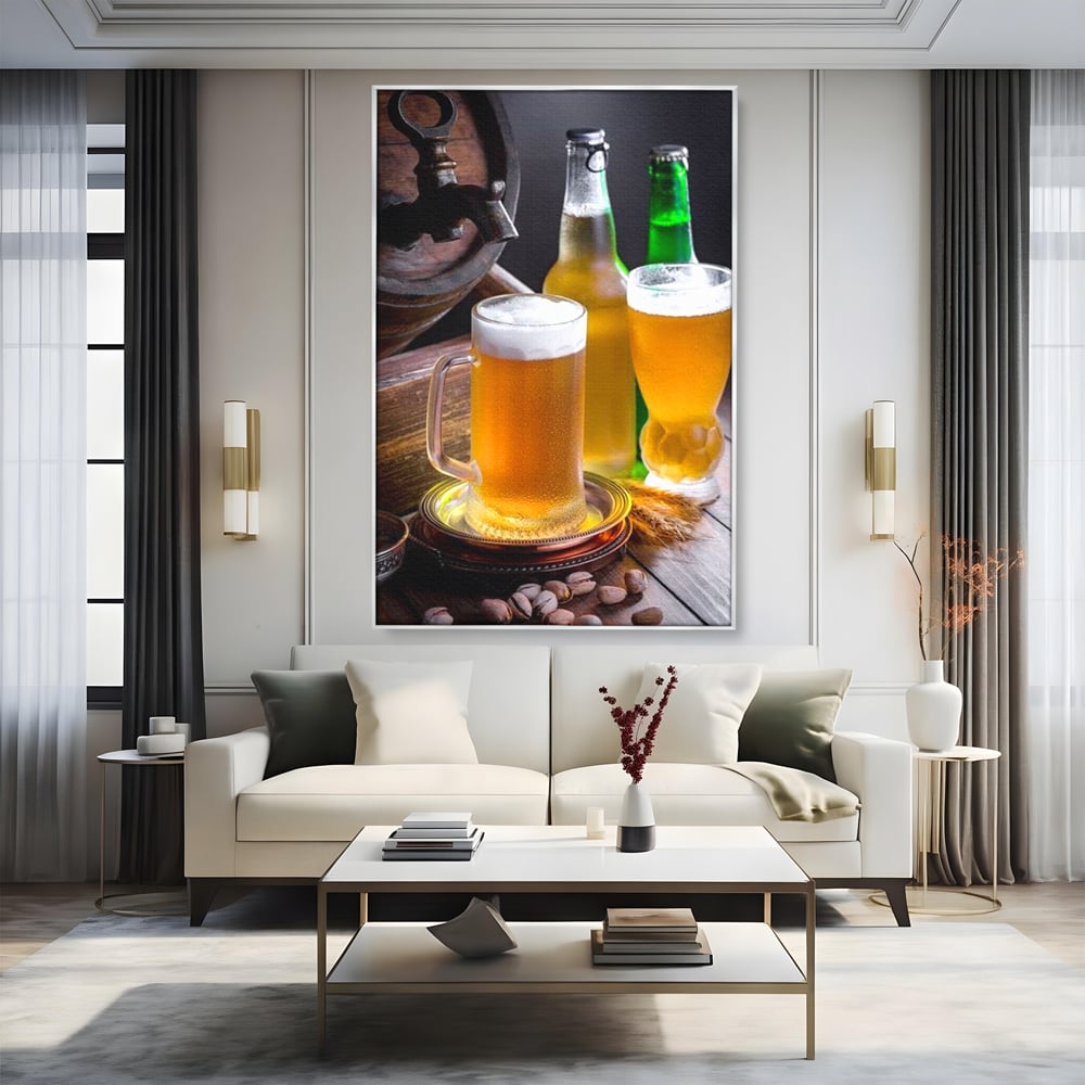 Tablou canvas cu tablou canvas cu halba de bere, in rama de aluminiu argintiu, pe perete intr-un living