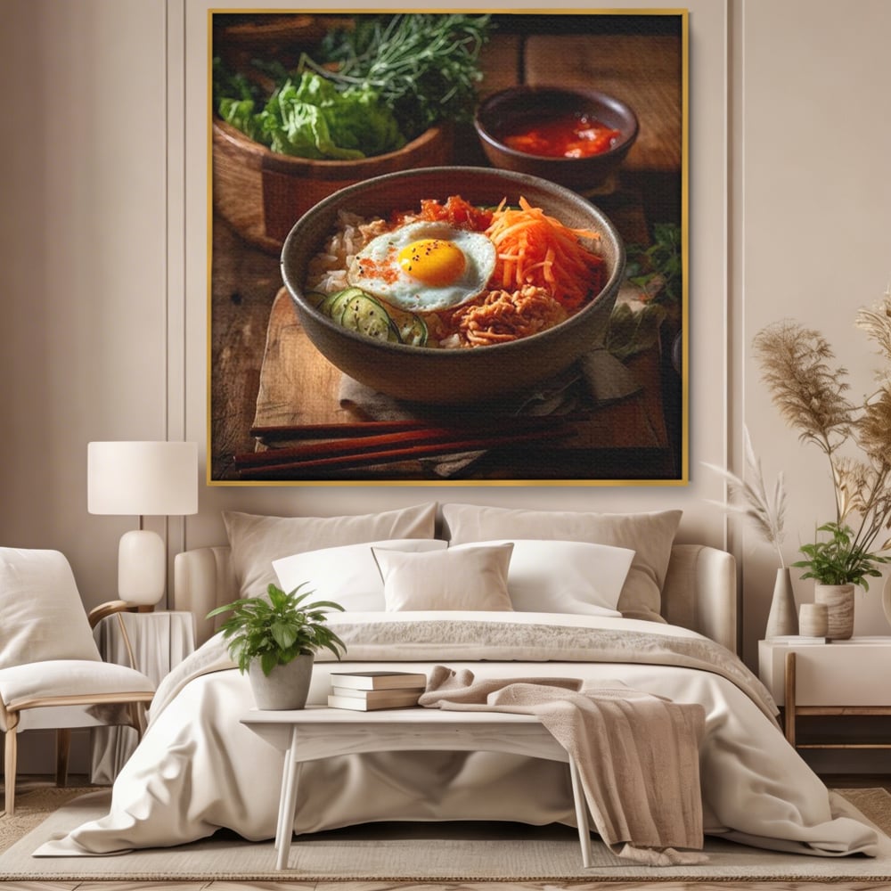 Tablou canvas cu bol cu orez si ou prajit, in rama de aluminiu auriu, pe perete intr-un dormitor