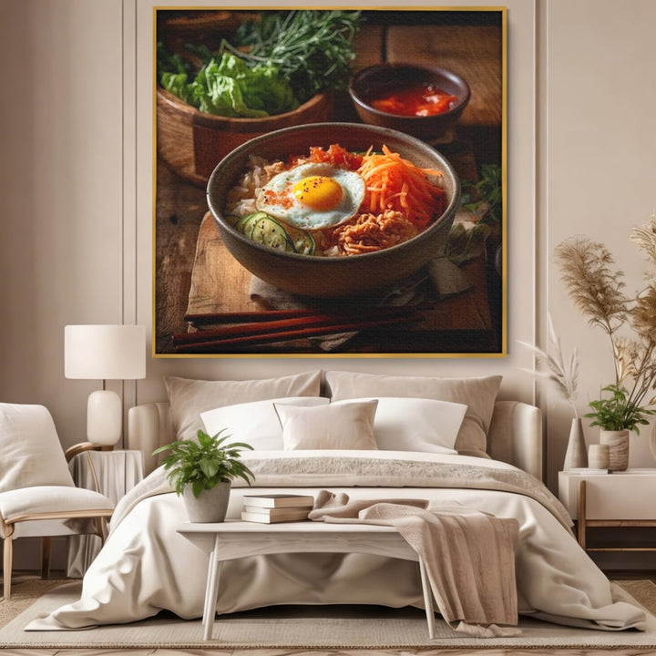 Tablou canvas cu bol cu orez si ou prajit, in rama de aluminiu auriu, pe perete intr-un dormitor