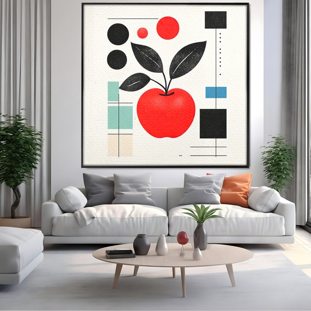 Tablou canvas cu ilustratie cu mar rosu si frunze negre, in rama de aluminiu negru, pe perete intr-un living