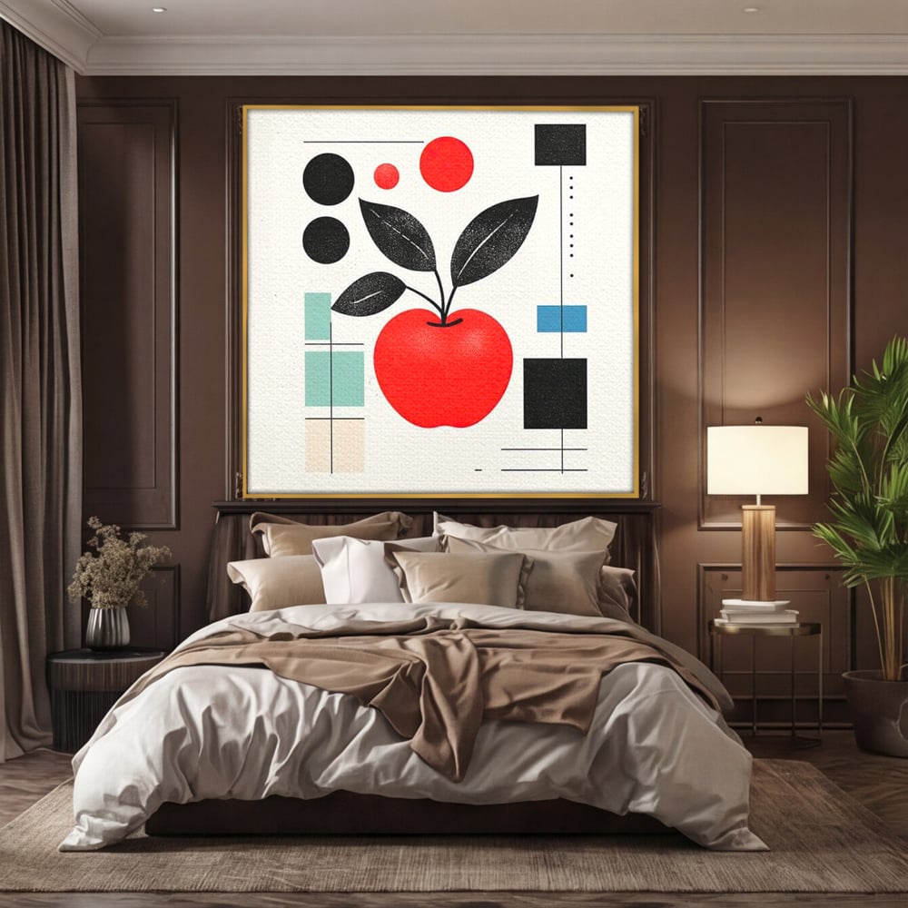 Tablou canvas cu ilustratie cu mar rosu si frunze negre, in rama de aluminiu auriu, pe perete intr-un dormitor