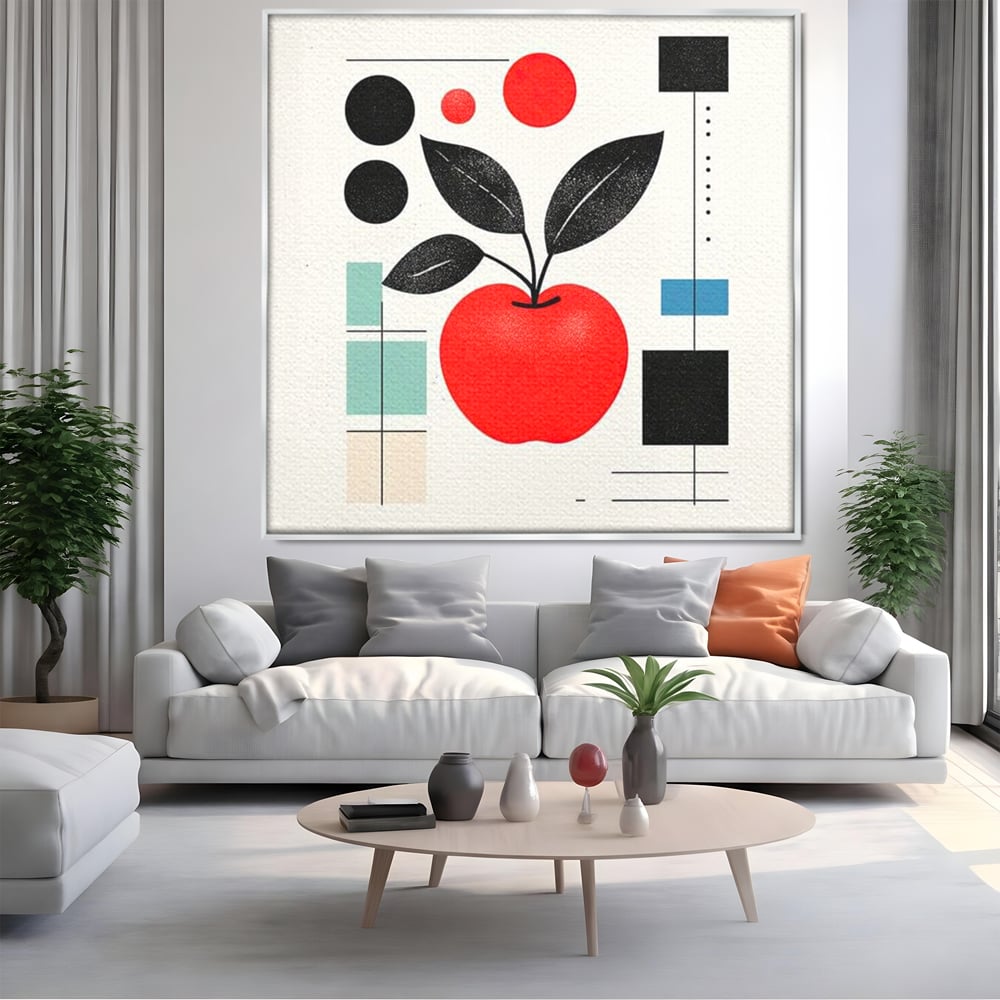 Tablou canvas cu ilustratie cu mar rosu si frunze negre, in rama de aluminiu argintiu, pe perete intr-un living