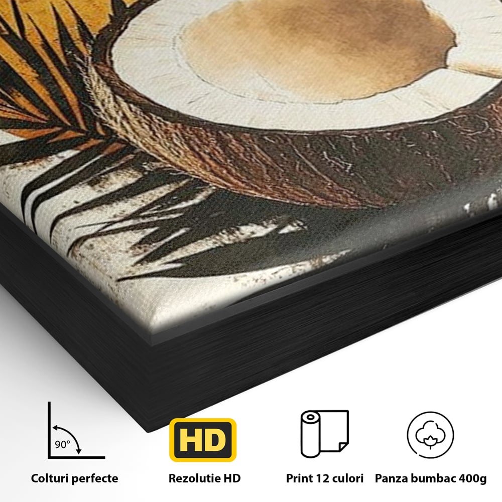 Detaliu al suprafetei: tablou canvas cu nuca de cocos si soare portocaliu, in rama de aluminiu negru