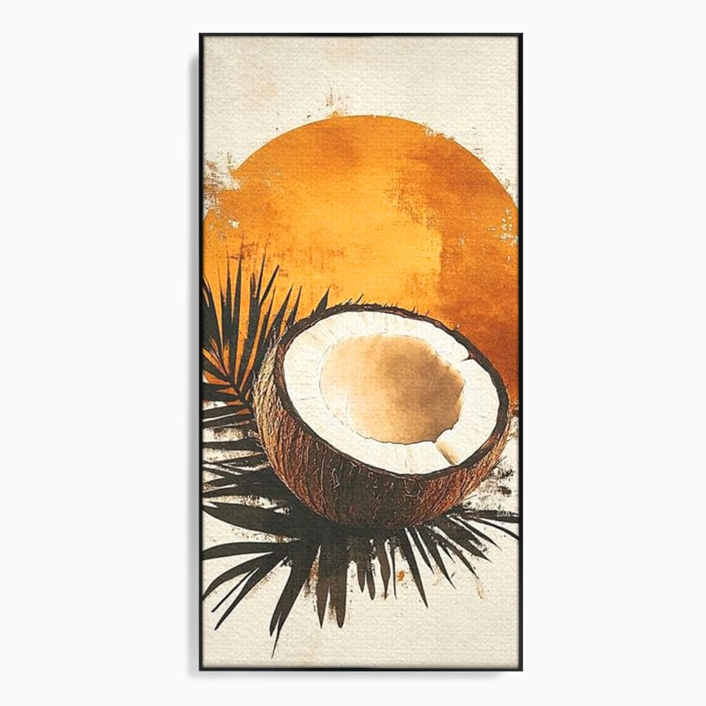 Tablou canvas cu tablou canvas cu nuca de cocos si soare portocaliu, in rama de aluminiu negru