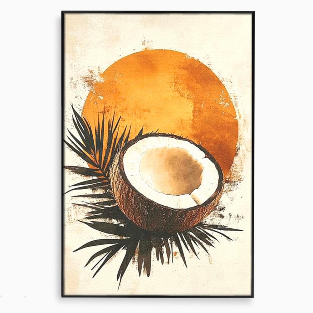 Tablou canvas cu tablou canvas cu nuca de cocos si soare portocaliu, in rama de aluminiu negru