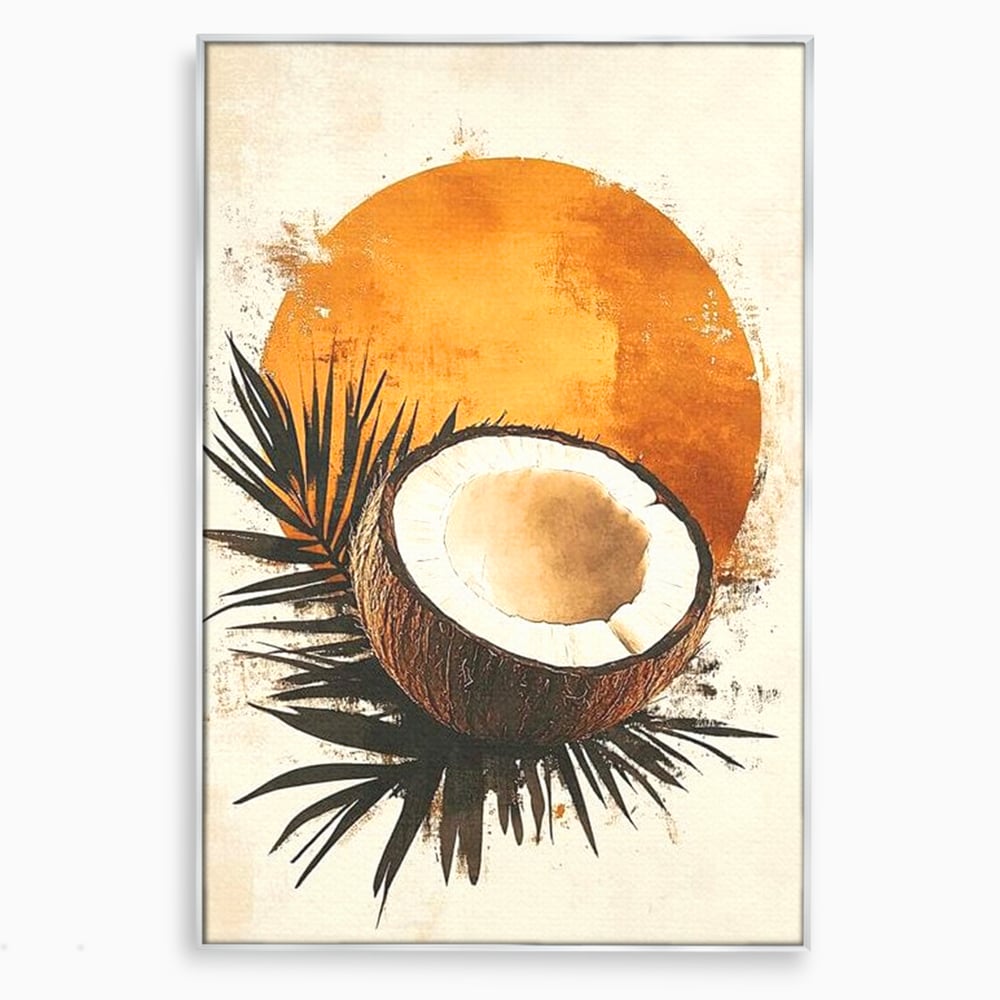 Tablou canvas cu tablou canvas cu nuca de cocos si soare portocaliu, in rama de aluminiu argintiu