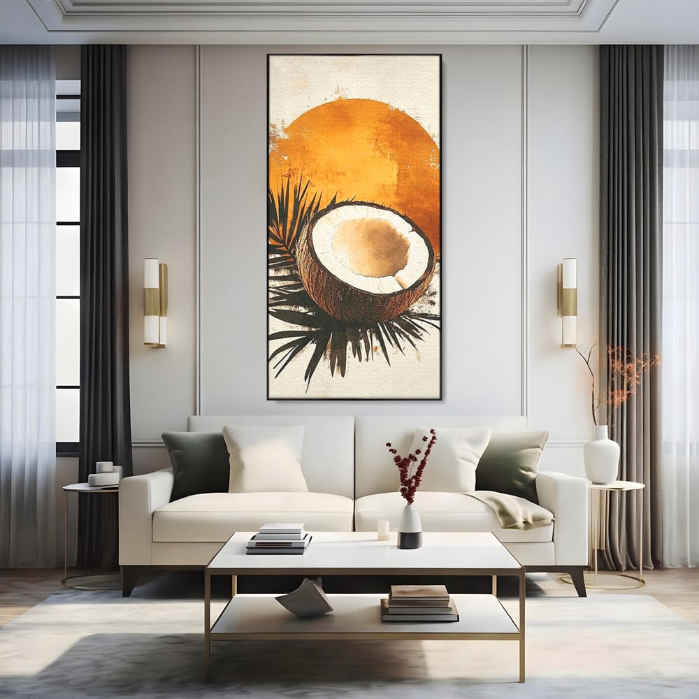 Tablou canvas cu tablou canvas cu nuca de cocos si soare portocaliu, in rama de aluminiu negru, pe perete intr-un living