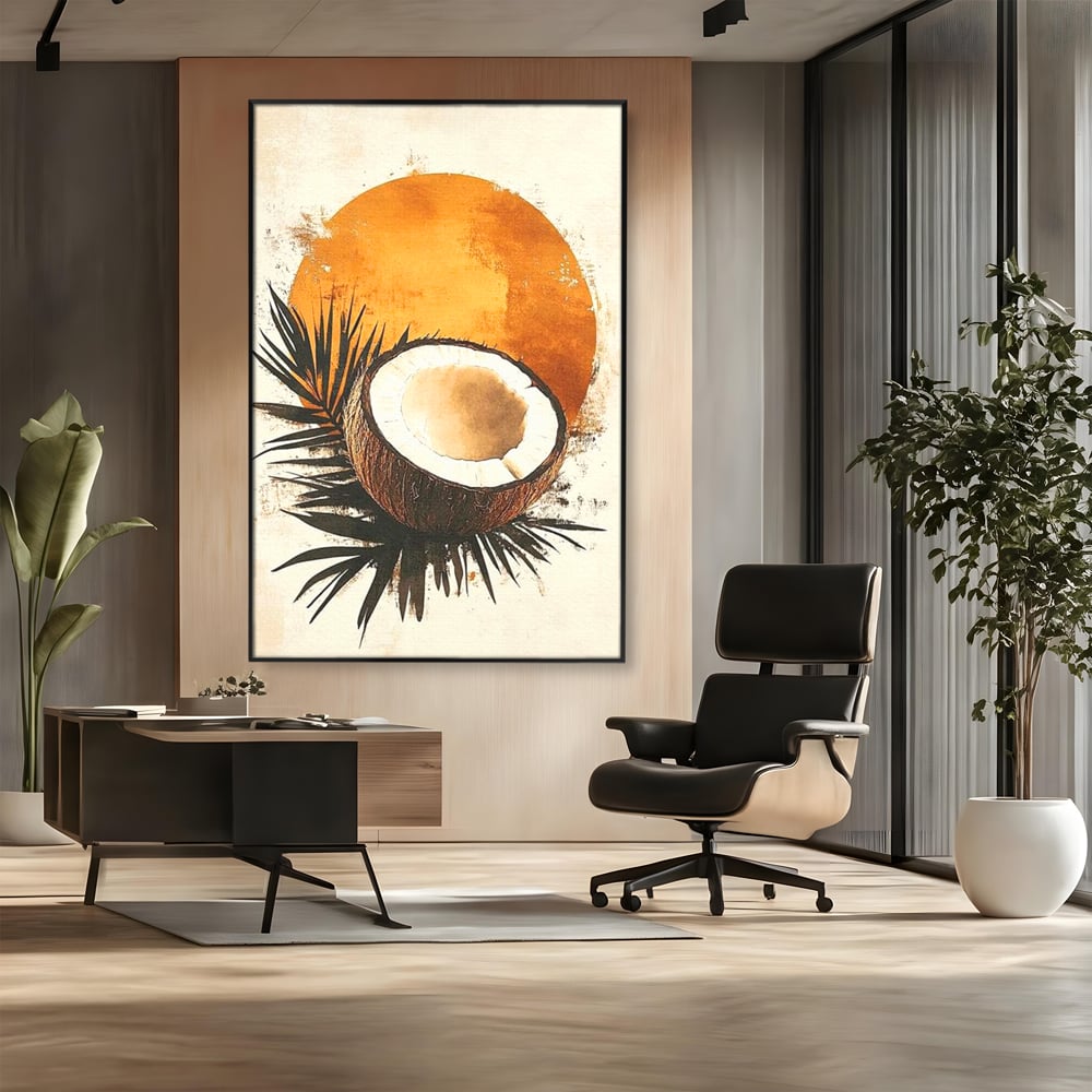 Tablou canvas cu tablou canvas cu nuca de cocos si soare portocaliu, in rama de aluminiu negru, pe perete intr-un birou