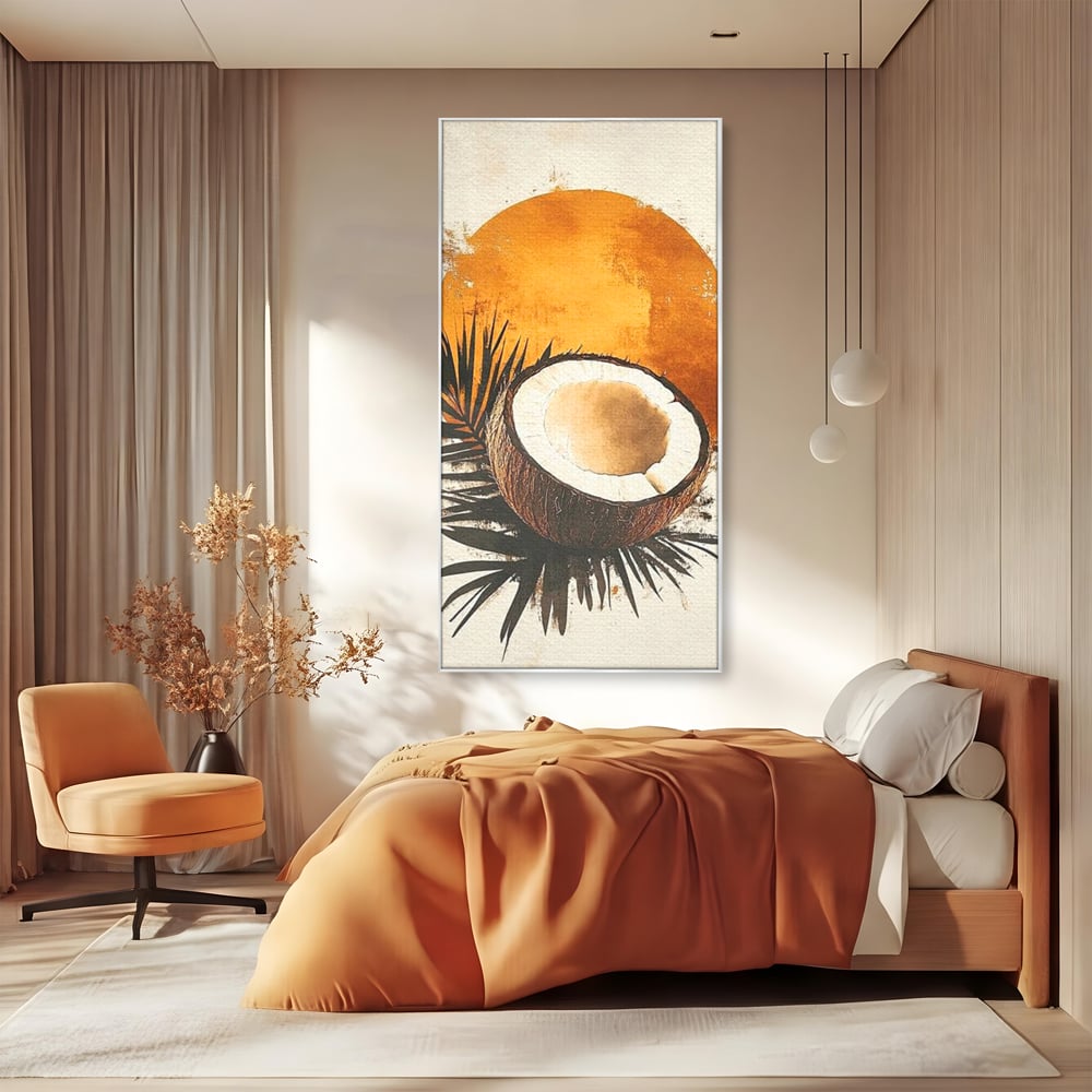 Tablou canvas cu tablou canvas cu nuca de cocos si soare portocaliu, in rama de aluminiu argintiu, pe perete intr-un dormitor