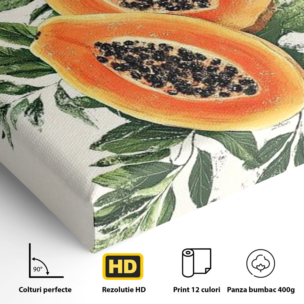 Detaliu al suprafetei: ilustratie cu papaya si frunze tropicale, fara rama, pe sasiu de lemn
