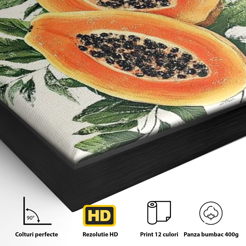 Detaliu al suprafetei: ilustratie cu papaya si frunze tropicale, in rama de aluminiu negru