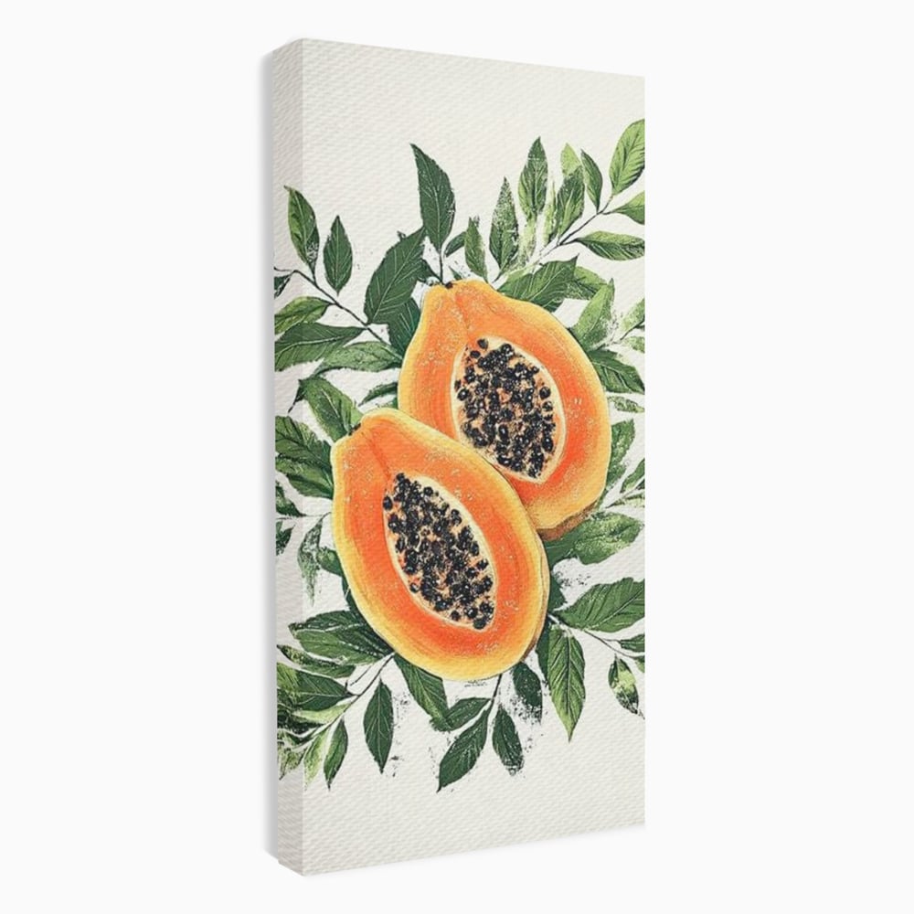 Tablou canvas cu ilustratie cu papaya si frunze tropicale, fara rama, pe sasiu de lemn
