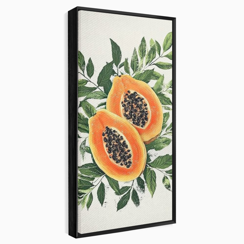 Tablou canvas cu ilustratie cu papaya si frunze tropicale, in rama de aluminiu negru