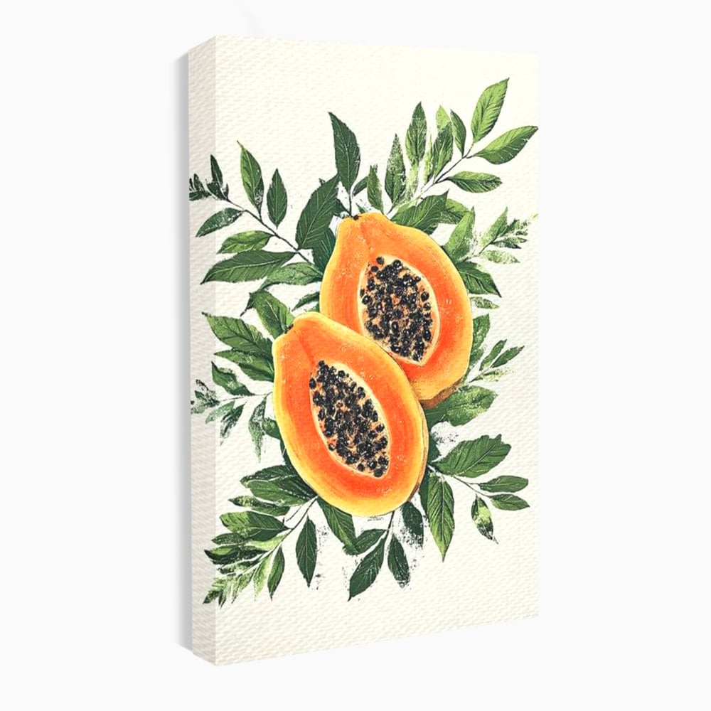 Tablou canvas cu ilustratie cu papaya si frunze tropicale, fara rama, pe sasiu de lemn