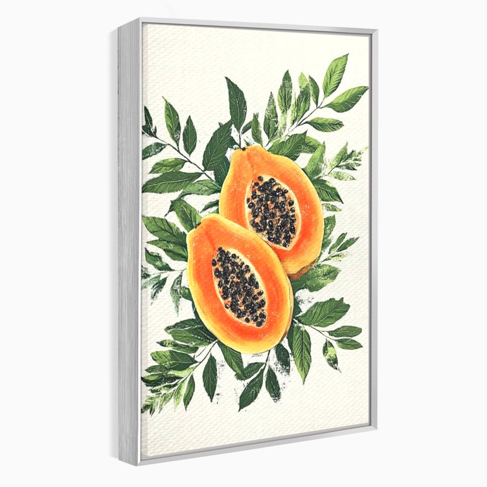 Tablou canvas cu ilustratie cu papaya si frunze tropicale, in rama de aluminiu argintiu