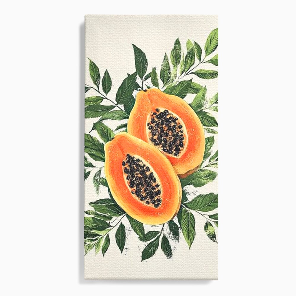 Tablou canvas cu ilustratie cu papaya si frunze tropicale, fara rama, pe sasiu de lemn
