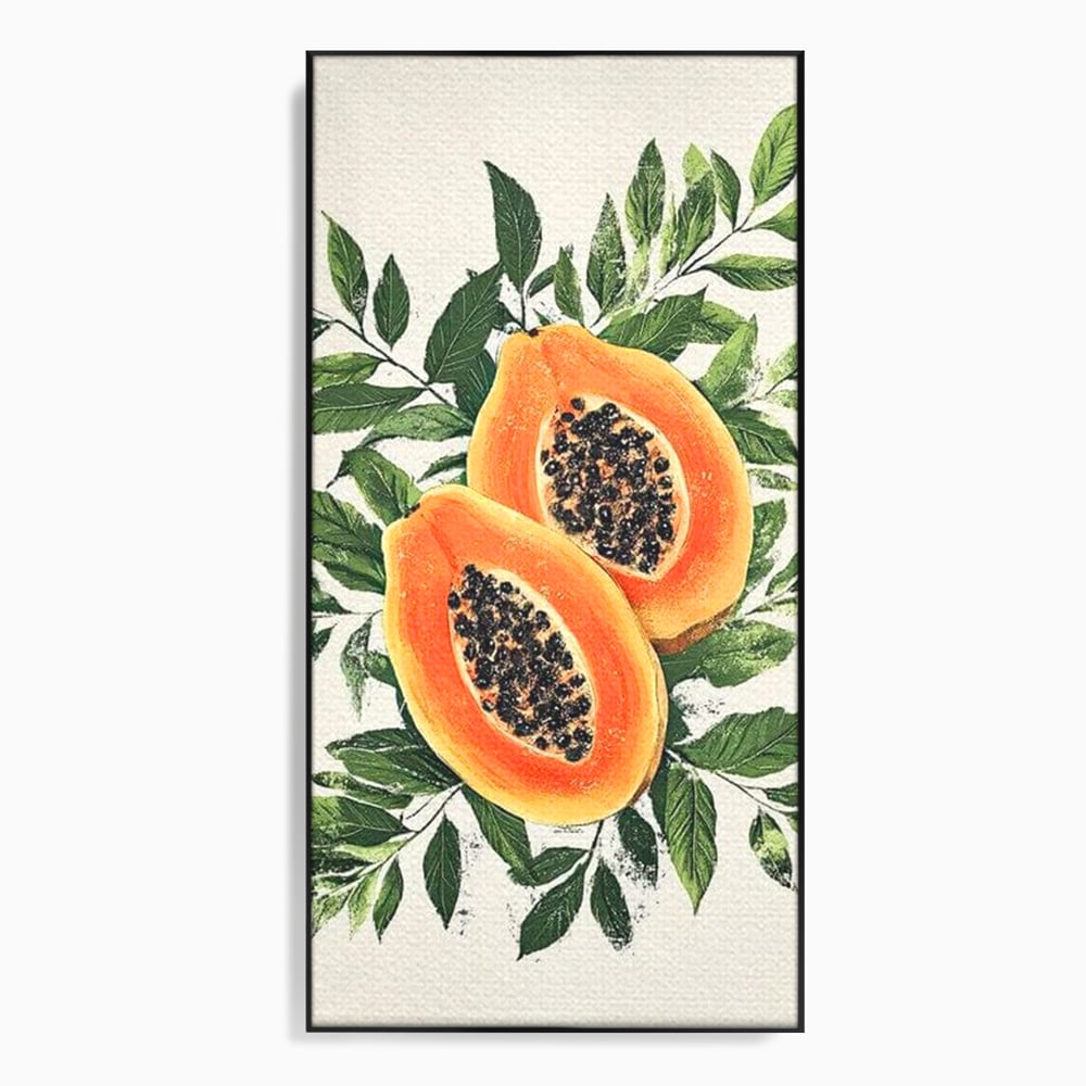 Tablou canvas cu ilustratie cu papaya si frunze tropicale, in rama de aluminiu negru