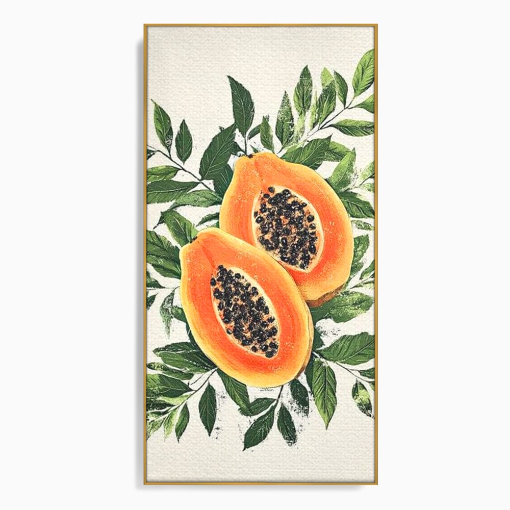 Tablou canvas cu ilustratie cu papaya si frunze tropicale, in rama de aluminiu auriu