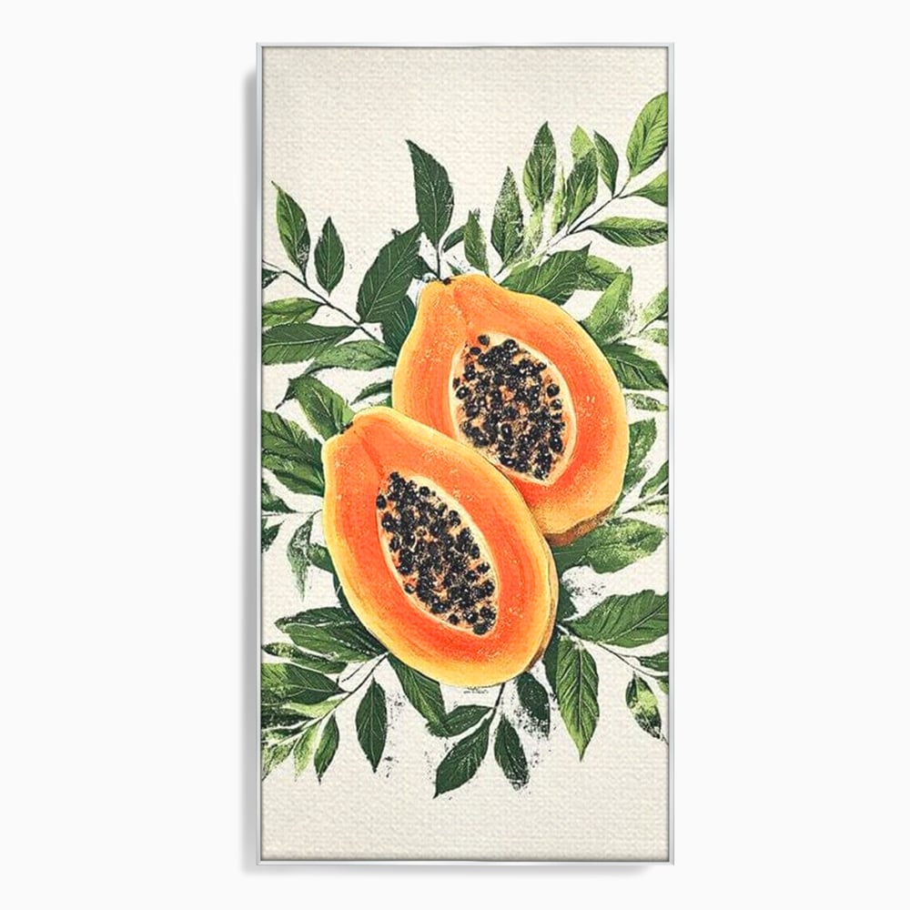 Tablou canvas cu ilustratie cu papaya si frunze tropicale, in rama de aluminiu argintiu