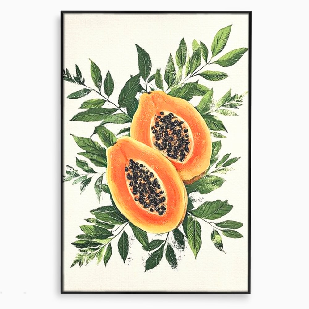Tablou canvas cu ilustratie cu papaya si frunze tropicale, in rama de aluminiu negru