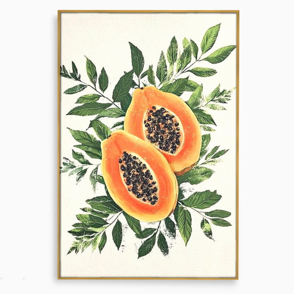 Tablou canvas cu ilustratie cu papaya si frunze tropicale, in rama de aluminiu auriu
