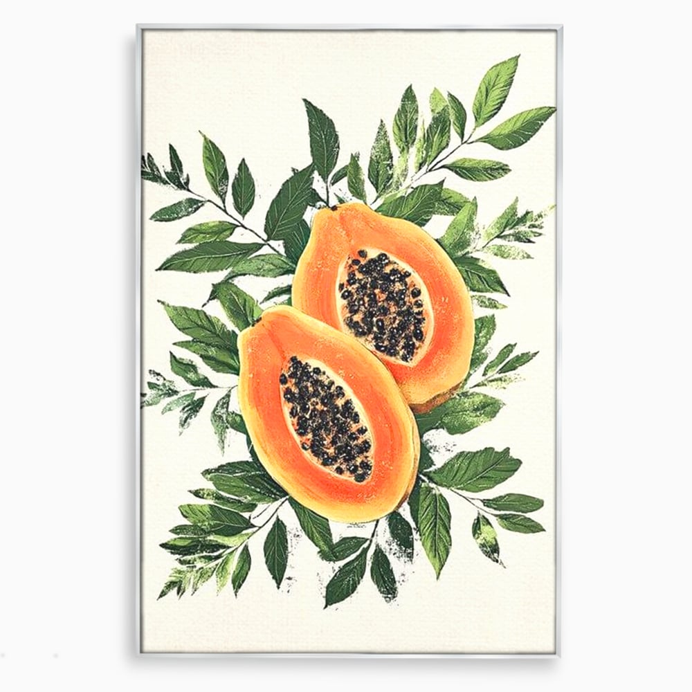 Tablou canvas cu ilustratie cu papaya si frunze tropicale, in rama de aluminiu argintiu