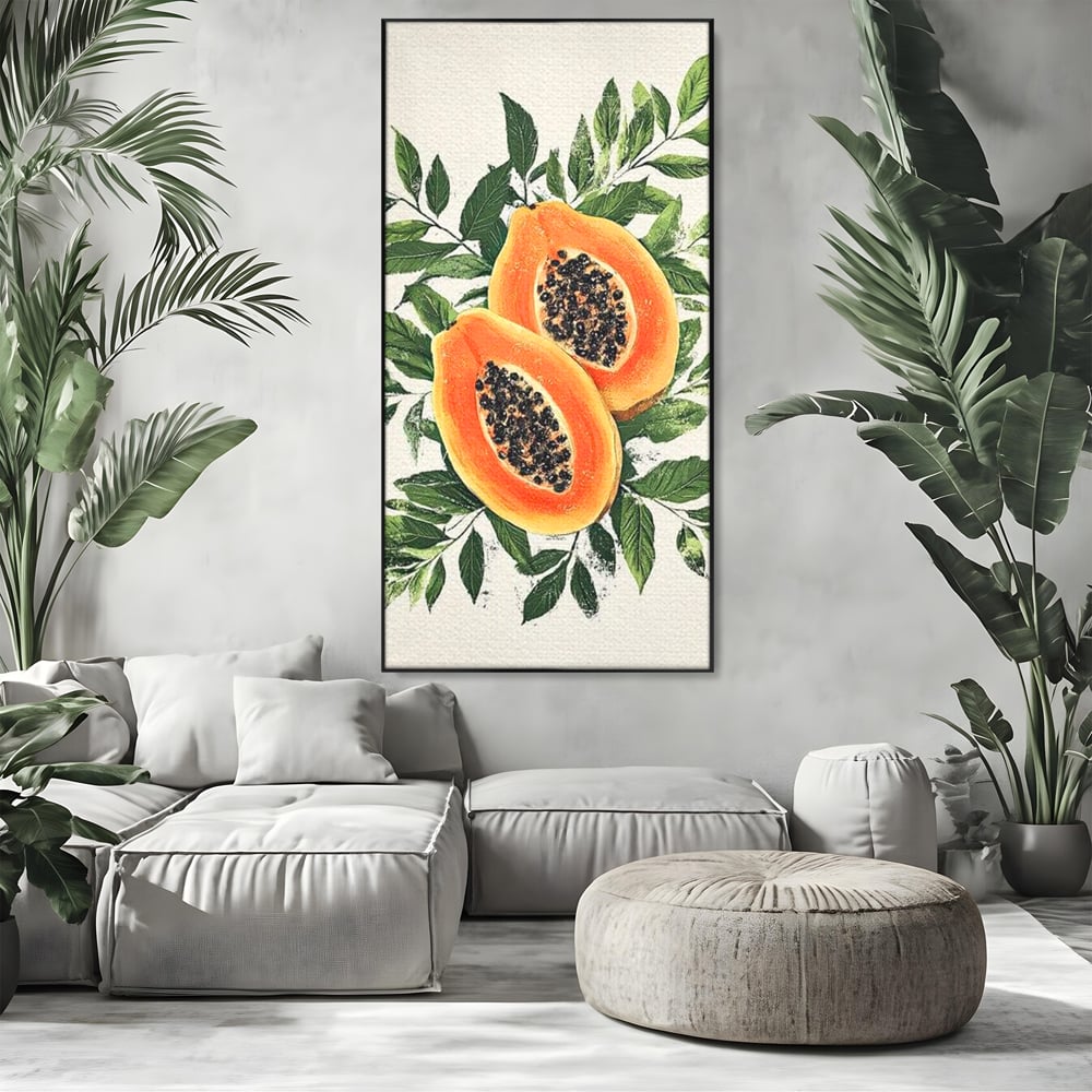 Tablou canvas cu ilustratie cu papaya si frunze tropicale, in rama de aluminiu negru, pe perete intr-un living