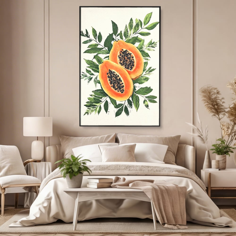 Tablou canvas cu ilustratie cu papaya si frunze tropicale, in rama de aluminiu negru, pe perete intr-un dormitor
