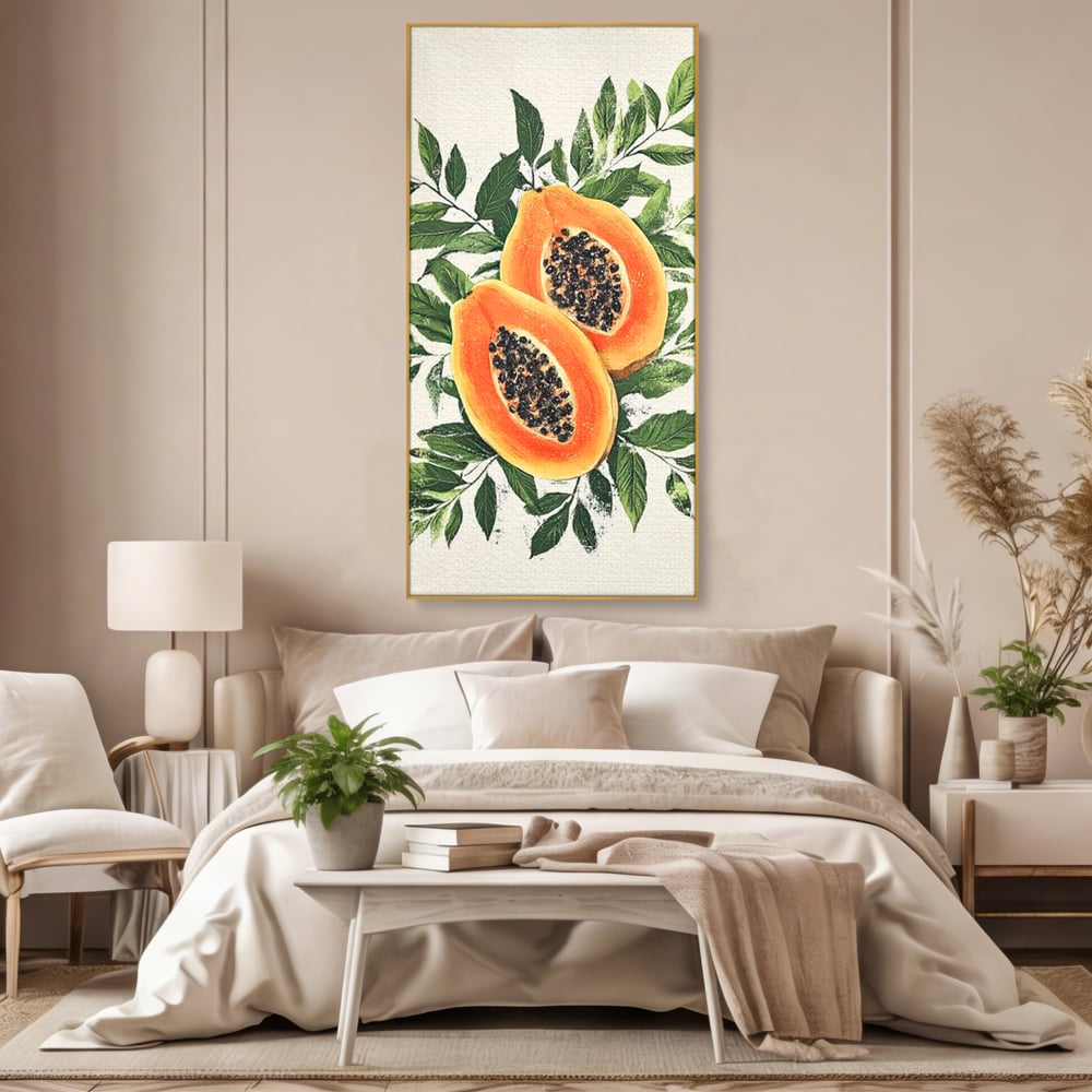 Tablou canvas cu ilustratie cu papaya si frunze tropicale, in rama de aluminiu auriu, pe perete intr-un dormitor