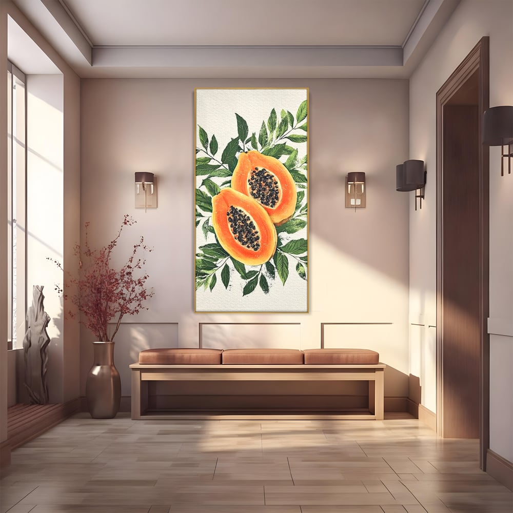 Tablou canvas cu ilustratie cu papaya si frunze tropicale, in rama de aluminiu auriu