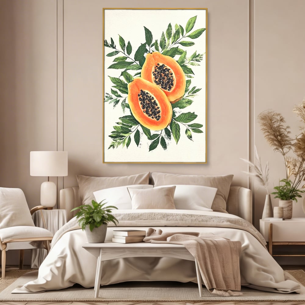 Tablou canvas cu ilustratie cu papaya si frunze tropicale, in rama de aluminiu auriu, pe perete intr-un dormitor