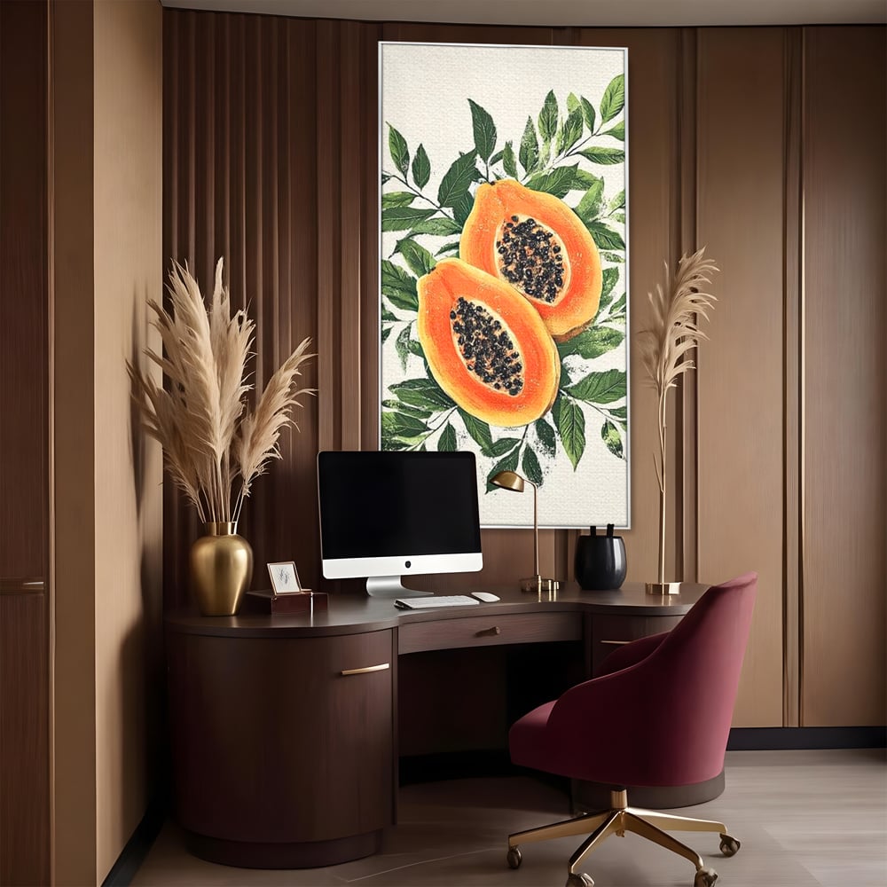 Tablou canvas cu ilustratie cu papaya si frunze tropicale, in rama de aluminiu argintiu, pe perete intr-un birou